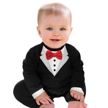 

Cool Gentleman Baby Rompers Party Wedding Costumes Tuxedo Suit Baby Boys Clothing Black White Newborn Baby Jumpsuit Bowtie
