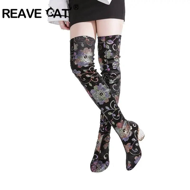 

REAVE CAT 2020 Sexy Thigh High Boots crystal clear high heels stretched Over The Knee boots Winter Ladies Women long booties