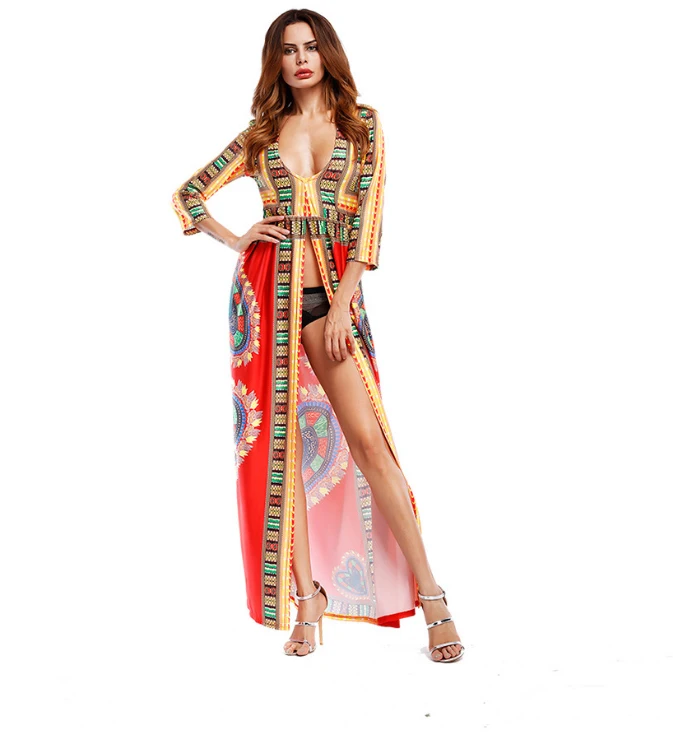 

Women Summer Sexy Beach Dress Deep V-Neck High Split Maxi Dress Boho Printing Casual Loose Long vestidos de festa WHOLESALE