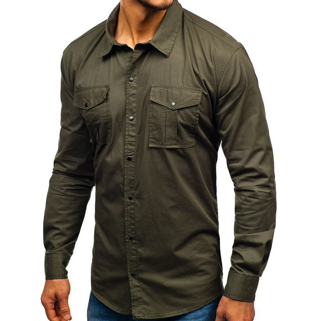 Plus Size Casual Men Pockets Shirt New Fashion Long Sleeve Solid Shirts Spring Autumn Vintage Army Green Military Shirt