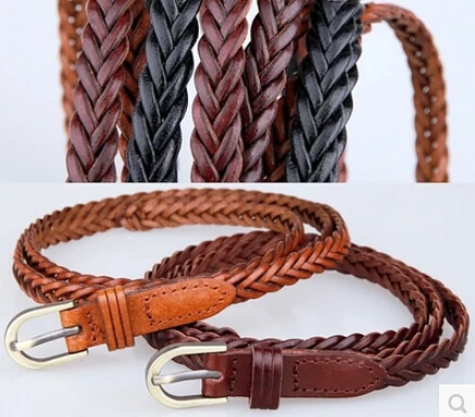 

Free shipping women fashion vintage plaited belt 1.1x100cm thin belt causal wear belt real leather belt