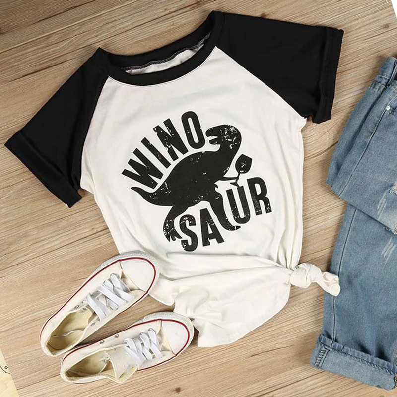  T-Shirts Women Short Sleeve Raglan Winosaur Dinosaur Print O-Neck Female Tops Summer Fashion Casual