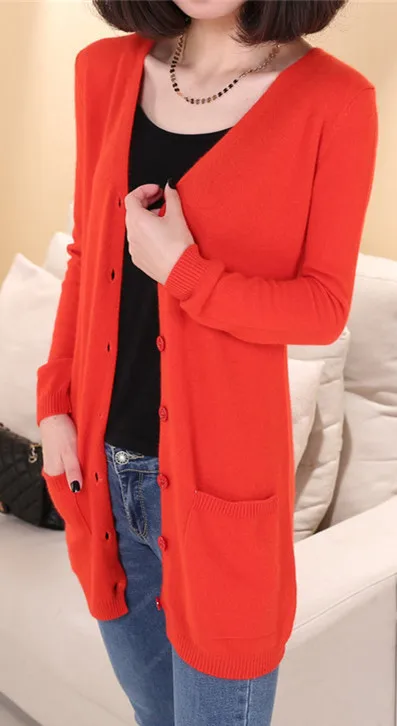 Горячая Распродажа, новые женские весенние кашемировые свитера, кардиган, женский осенний кардиган, длинный кардиган с v-образным вырезом, вязанное кашемировое пальто, топы - Цвет: Оранжевый