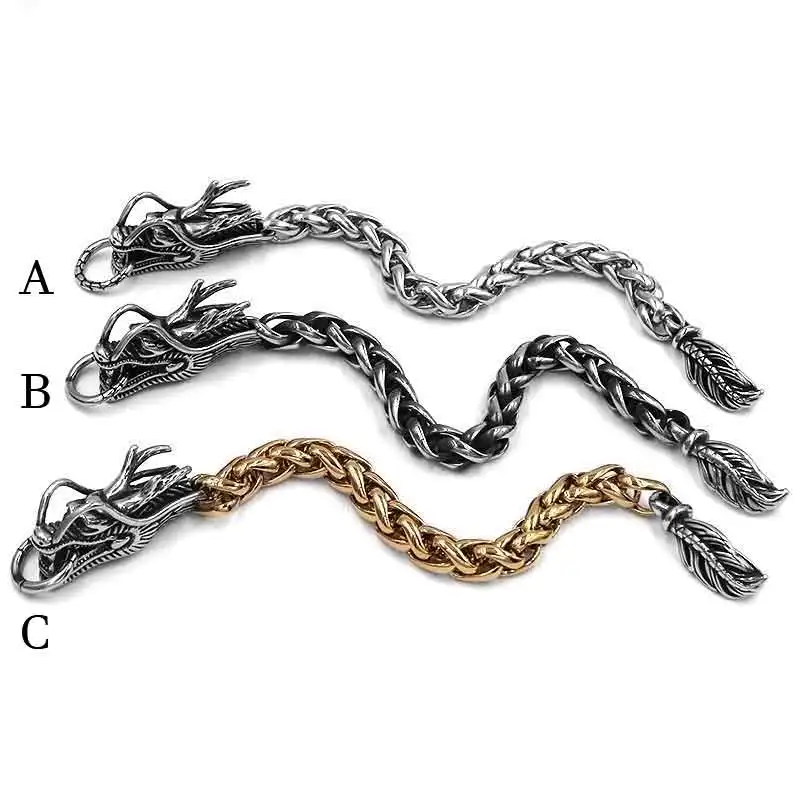 Браслет с драконьей головкой Нержавеющая сталь Титан ювелирные изделия в стиле Панк цепь с плетением "Колос" Байкерский мужской браслет для мальчиков 9 мм 22,5 см SJB0358