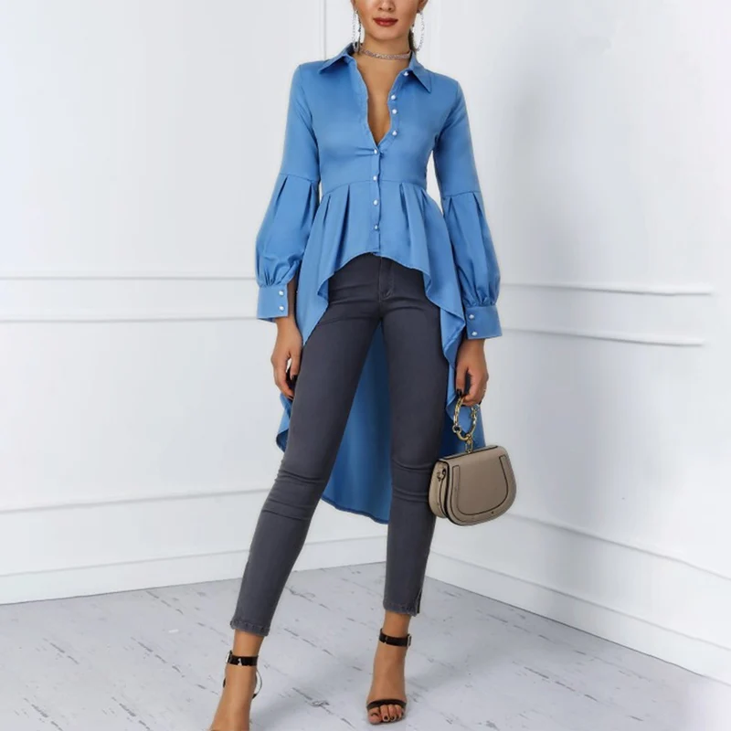 

Womens Spring Flared Blouses Front Dip Hem Top Elegant Ruffle Asymmetrical Longline Blouse Lantern Sleeve Button Casual Lady Top