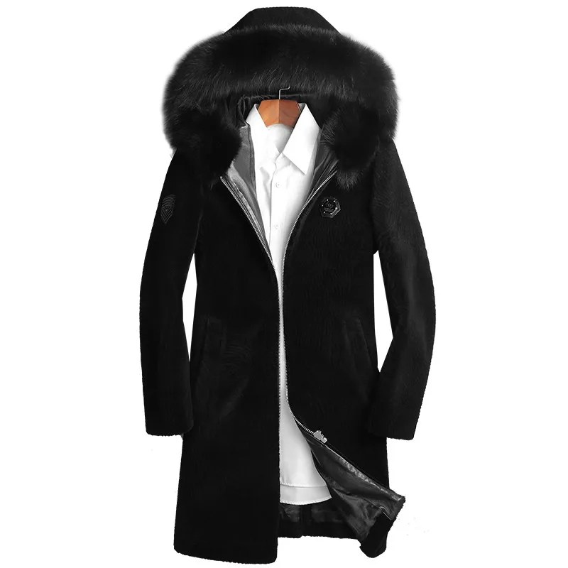 Высококачественное роскошное мужское длинное пальто, модная верхняя одежда с капюшоном и воротником из лисьего меха, зимние толстые теплые пальто из овечьей шерсти, мужские пальто с натуральным мехом 4XL