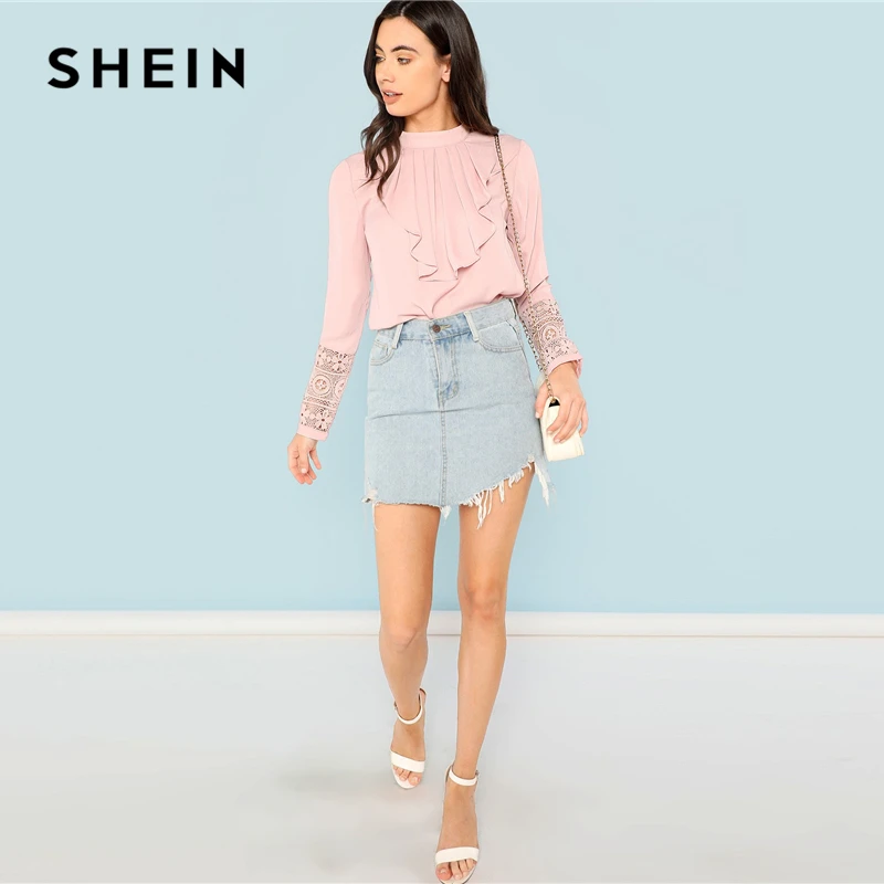SHEIN Pink Flounce Neck Lace Cuff Top Elegant Stand Collar Long Sleeve Ruffle Blouse Women Autumn Plain Workwear Shirt Tops Blouses