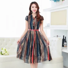 Free Shipping 2017 New Spring Summer Chiffon Dress Fashionable Long Section Plus Size Slim Short Sleeved Striped Fashion