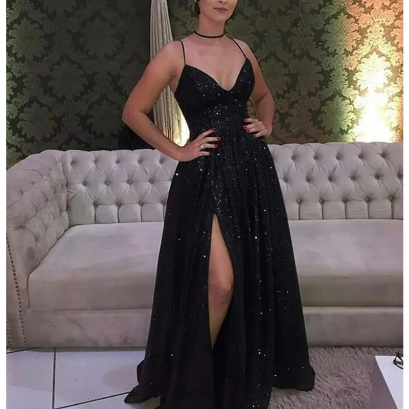

Sexy Deep V Neck Black Evening Dress Long Side Slit Spaghetti Strap Party Prom Gowns 2019 Simple Backless Vestidos De Gala