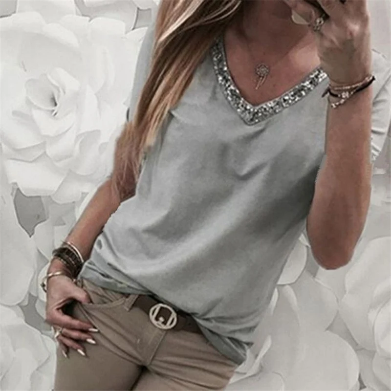 

Plus Size Women V Neck Short Sleeve black grey purple T- Shirt Fashion Female Casual Sequined Top Ladies Summer Tee womans Tops