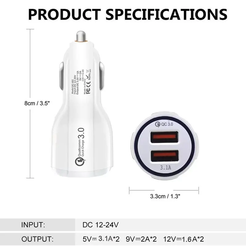 Быстрая зарядка 3 0 Зарядное устройство QC 5V 9V 12V 36W 3.1A Dual USB Автомобильное зарядное