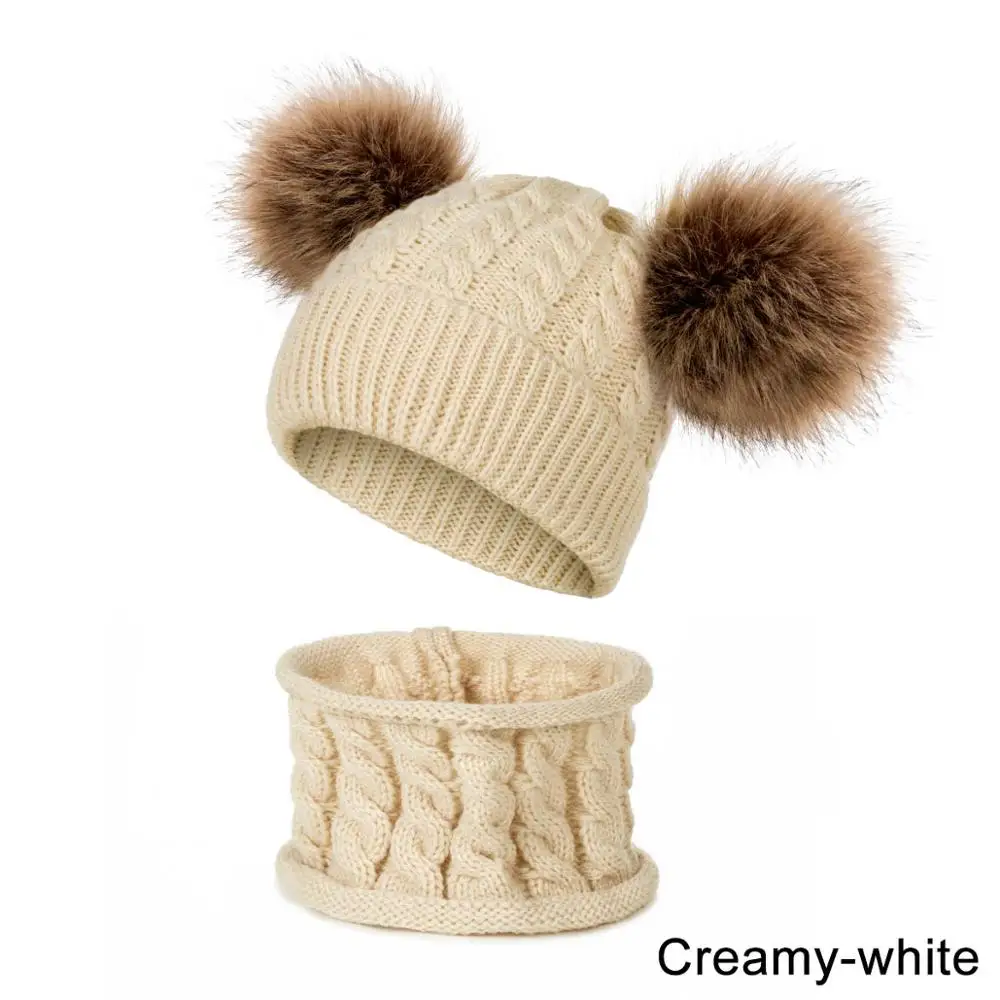 Зимняя шапка с помпонами для новорожденных, шапка, шарф, меховая шапка для малышей, хлопковая вязаная теплая шапка с помпоном, набор шапочек-бини для детей - Цвет: A-creamy-white