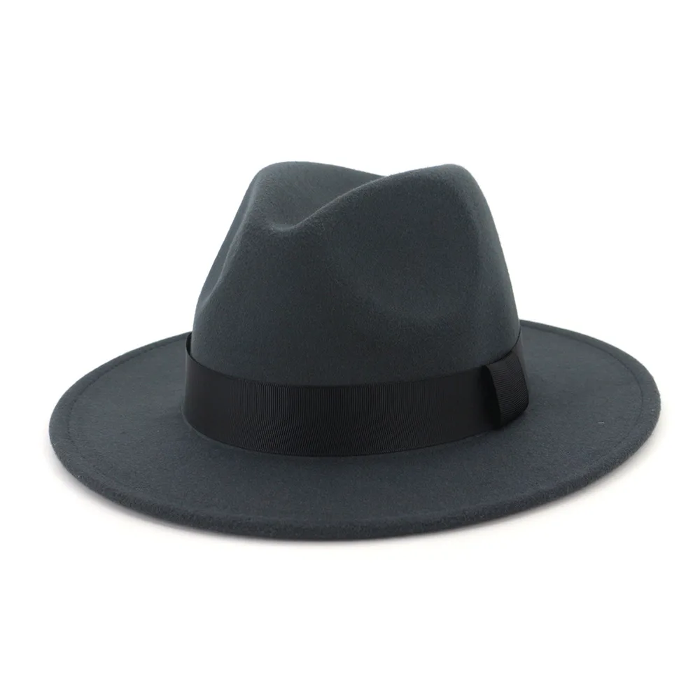 QIUBOSS для мужчин женщин плоские поля Джаз Шерсть фетр Fedora шапки черная лента украшения просто унисекс Панама шляпа игрока Trilby QB54