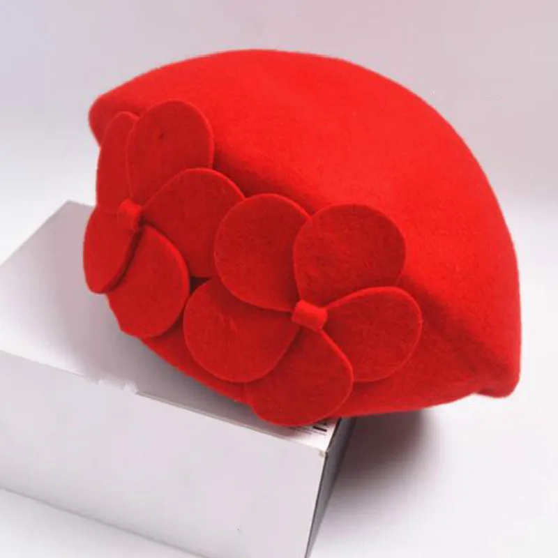 Которая в душе настоящая шерстяная женская шапка зимняя теплая Цветочная шерстяная фетровая шляпа винтажная Дамская флоппи-шапочка Женская шапка skullies - Цвет: red