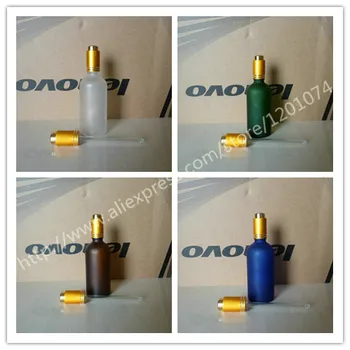 

100ml brown/clear/blue/green frosted Glass Essential Oil Bottle With aluminum press matte gold dropper cap.Oil vial