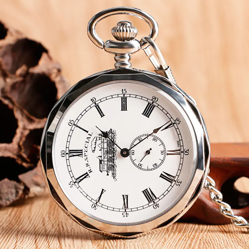 

Antique Style Silver Hand Winding Open Face Retro Mechanical Men Pocket Watch Chain Roman Numerals Vintage Special Design Gift