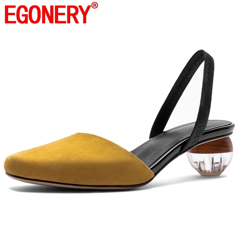 

EGONERY brand genuine cow leather strange style 4cm med heels woman crystal wedding shoes fashion yellow back strap sandals