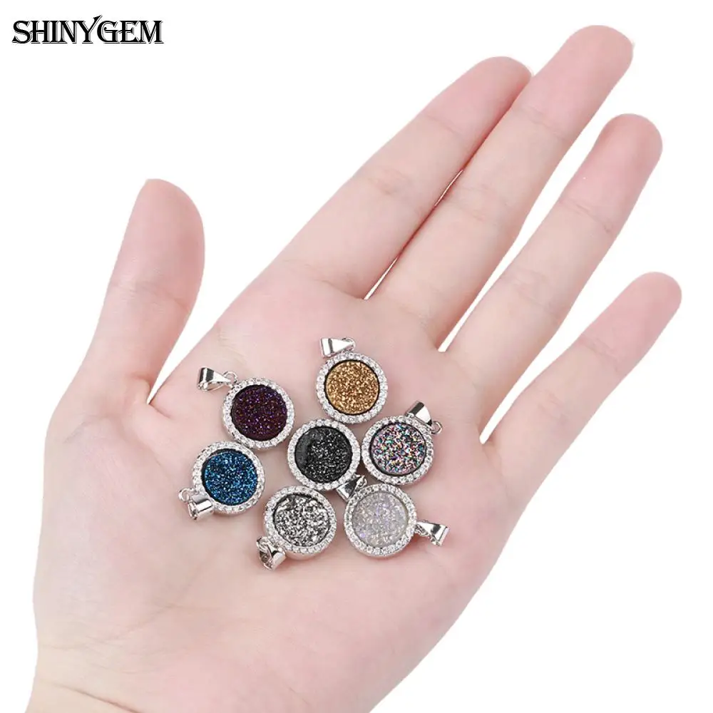 ShinyGem модный посеребренный Кулон Druzy 7 цветов круглый натуральный кварцевый