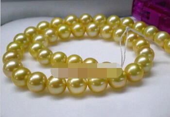 

huij 001837 9-10MM 100% real round natural south sea golden pearl necklace 14K
