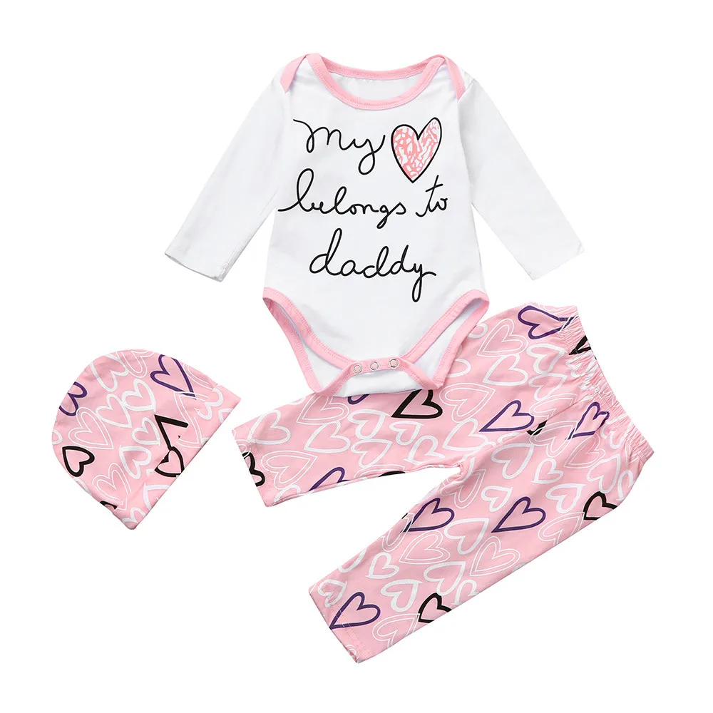 

3PCS Newborn Summer 2019 Baby Girl Clothes Fashion Letter Print Bodysuit+Print Pants+Hat Baby Girl Set Infant Baby Clothing