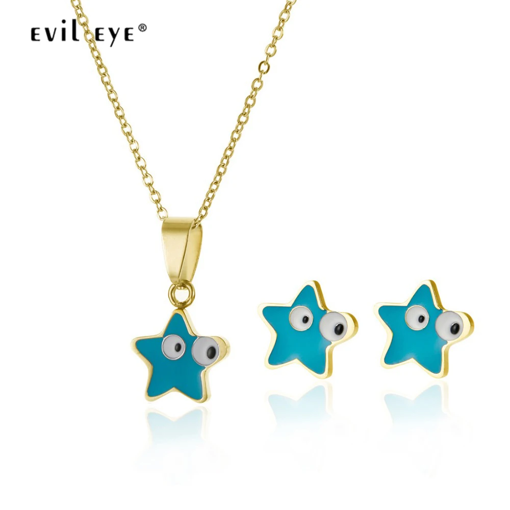 

EVIL EYE Pendant Necklace Stud Earring Set Gold Silver Color Chain Star Evil Eye Choker Necklace Charm Jewelry for Women LE89
