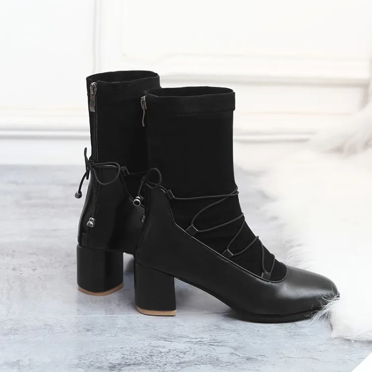 

Big Size 9 10 11-17 boots women shoes ankle boots for women ladies boots Cross lacing back zipper stitching fabric