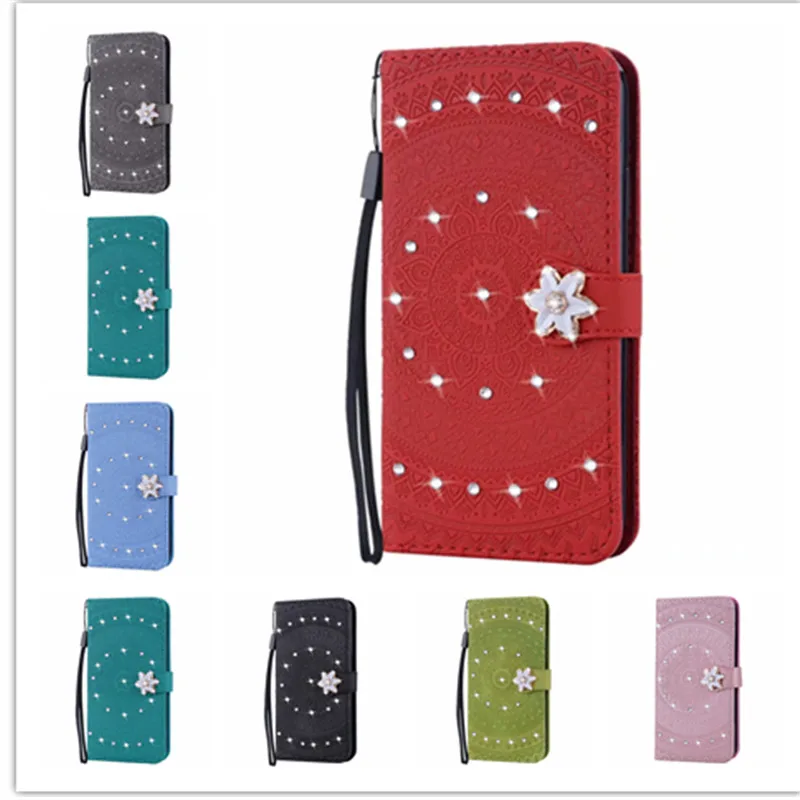 

Flip Leather Wallet Card Phone Case For SONY XZ3 Z4 L2 L3 Bling Glitter Diamond Datura flower Kickstand Stap
