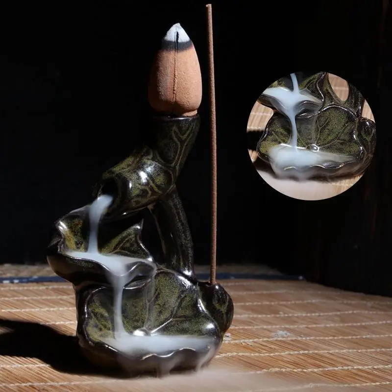 Home Fragrance Stand Censer Incense Burner Water Lily Backflow Holder Ceramic Glaze Incense
