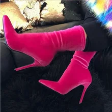 Sexy Pink Velvet Socks Boots Shoes Pointed Toe Stiletto Heels Mid Calf Boots for Women 2018 Customized High Heels Dress Shoes fedonas new socks boots high heels mid calf boots for women slim party dancing shoes woman sexy autumn martin shoes prom pumps