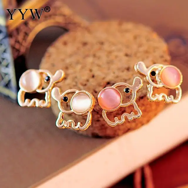 Women Men Gold Elephant Stud Earrings White Pink Rhinestone Cat Eye Women Men Gold Elephant Stud Earrings White Pink Rhinestone Cat Eye Stone Opal Earring Ear Jewelry
