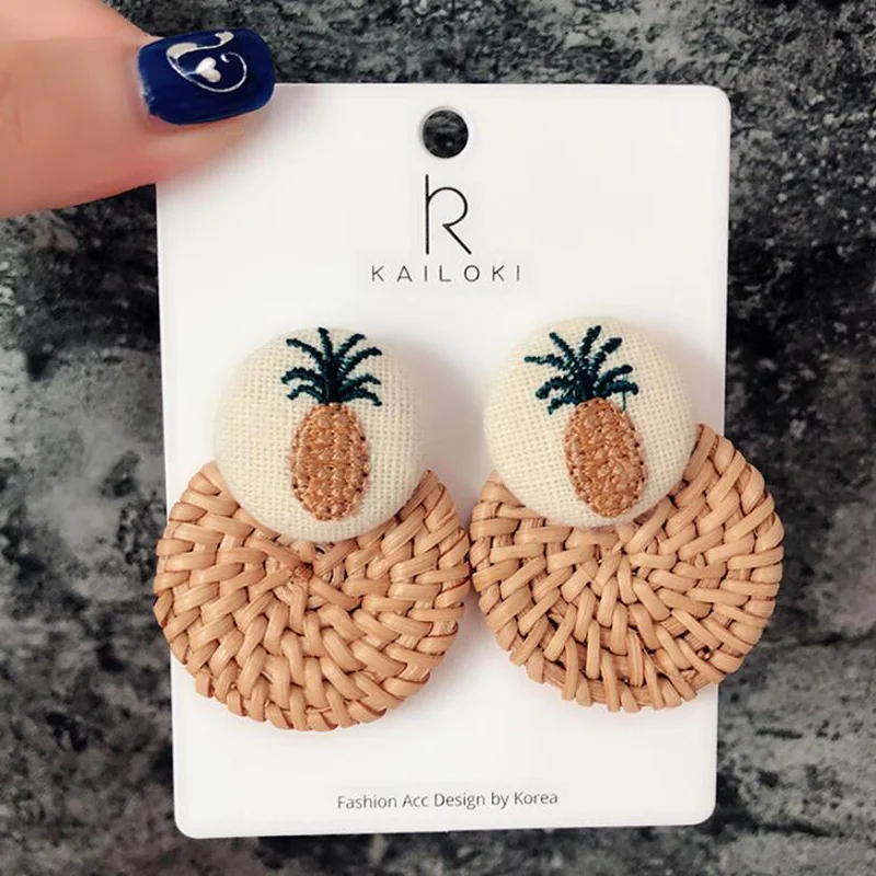 Handmade Pineapple Drop Earrings For Women Wooden Straw Weave Rattan Earrings Big Round Wedding Trendy Dangle Jewelry2019