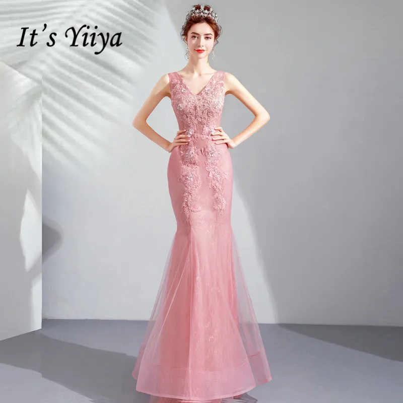 

It's YiiYa Evening Dress Pink Beading Pearls Appliques Wedding Party Trumpet Dresses Sexy Illusion V-neck Long Formal Gown E156