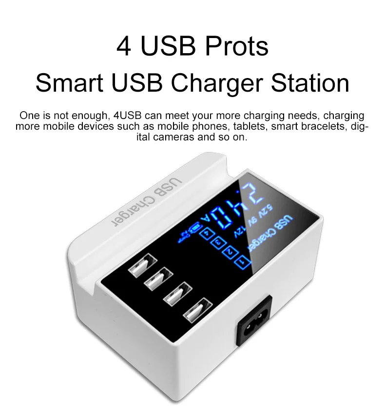 4 منافذ USB مهايئ شاحن محطة HUB Led عرض الهاتف المحمول جدار شاحن آيفون سامسونج Xiaomi شاحن يو اس بي حامل حامل