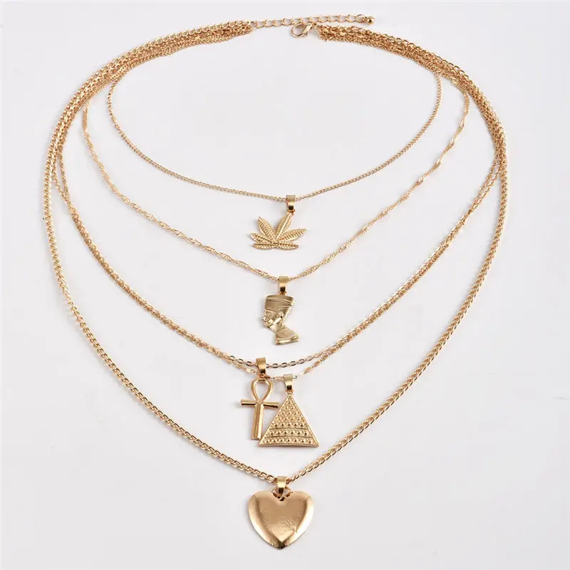 Винтажное женское золотое ожерелье сердце крест Пирамида древний египетский фараон Ankh многослойное ожерелье с подвеской цепочка колье ювелирные изделия
