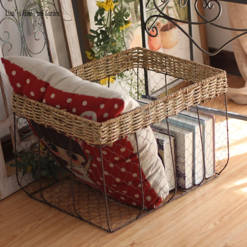set 2 pieces rectangle handmade vintage rustic wire basket (7)