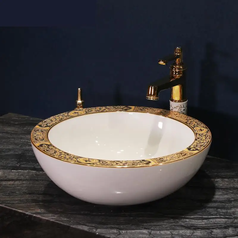 

China Artistic Handmade Ceramic wash basin Lavobo Round Counter top sinks bathroom wash basin bowls white color broadside gold