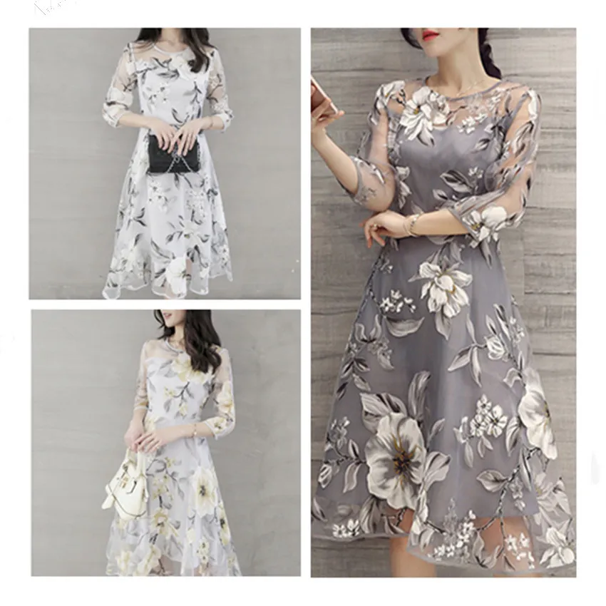 

Summer Women Office Lady Dress Cropped Sleeve Printed Organza Dress
