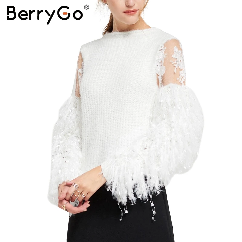BerryGo Patchwork Mesh Knitting Pullover Fashion Tassels Autumn Winter Sweater Women Tops Casual Embroidery Jumper Pull
