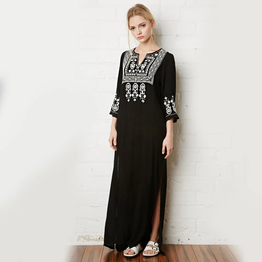 Boho Flower Embroidery Maxi Dress Summer Robe V Neck Split Sexy Vintage Hippie Ethnic Chic Style