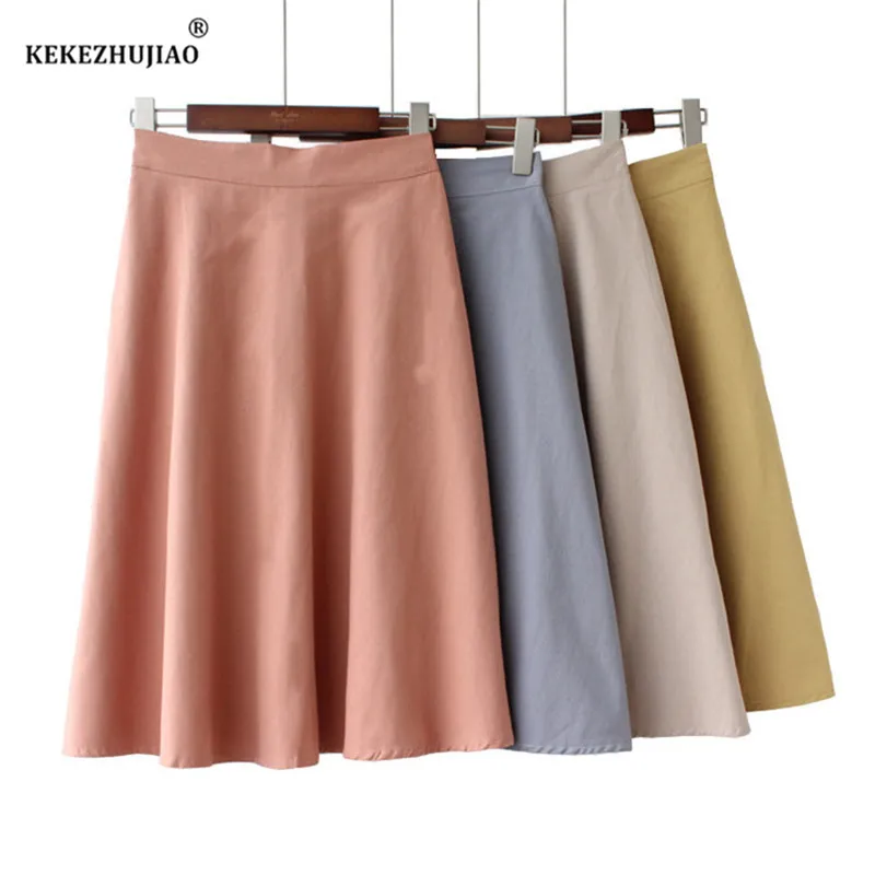 

women a line knee length cotton solid skirt girl casual elastic high waist plus size flare summer skirts female 2019 new arrival