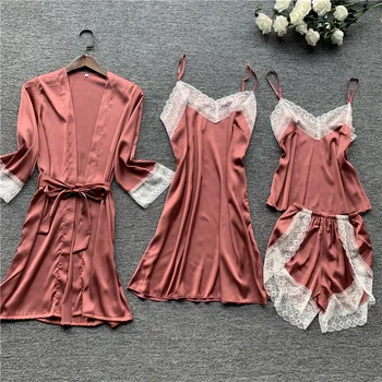 

Summer New Female Casual 4PCS Strap Shirt&Shorts&Nighty&Robe Sleepwear Sexy Lace Sleeve Bathrobe Gown Home Clothes Nightwear