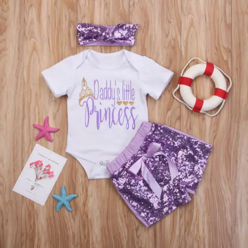Фиолетовые комбинезоны принцессы для новорожденных девочек; комбинезон+ шорты с блестками; комплект одежды с повязкой на голову; комплект из 3 предметов; летняя одежда для девочек