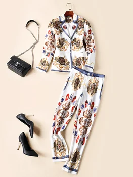 

European and American women's clothing 2019 winter new style Vintage printed Long sleeve coat Nine minutes of pants suit