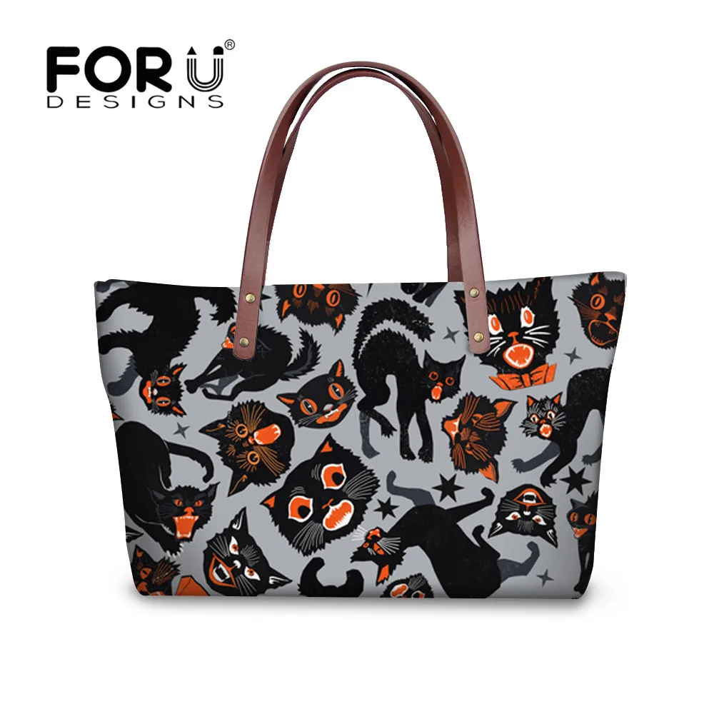 

FORUDESIGNS New Halloween Cats Printing Women Handbag Soft Casual Shoulder Bags Leather Purse Composite Bag Bolsa Femina 2018