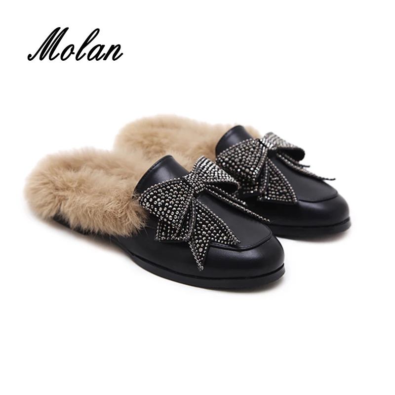 

MOLAN Genuine Leather Butterfly-knot Flat Slippers Rhinestone Winter Shoes Women Designers Loafers Slip On Fur Slides Mules