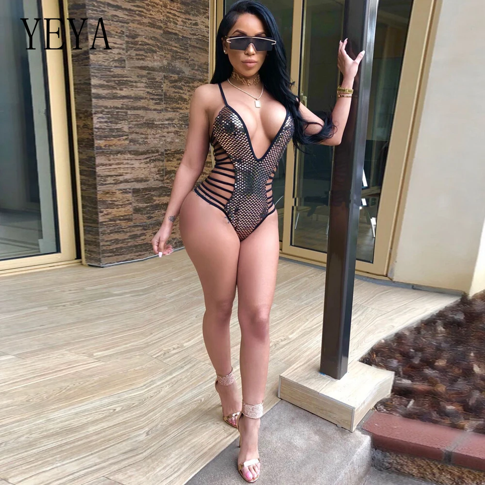 YEYA Sequined Bodysuits Women Tops Summer V Neck Sleeveless Hollow Out Bodycon Jumpsuit Romper Sexy Bodysuits Combinaison Femme