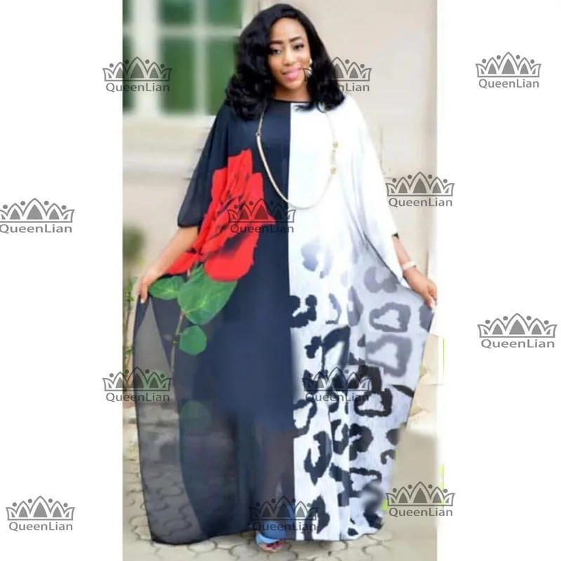 

2018 (L-XXXL) New Fashion Rose Pattern Chiffon Super Size African Loose Long Dashiki Traditional Party Dress For Lady(XF06#)