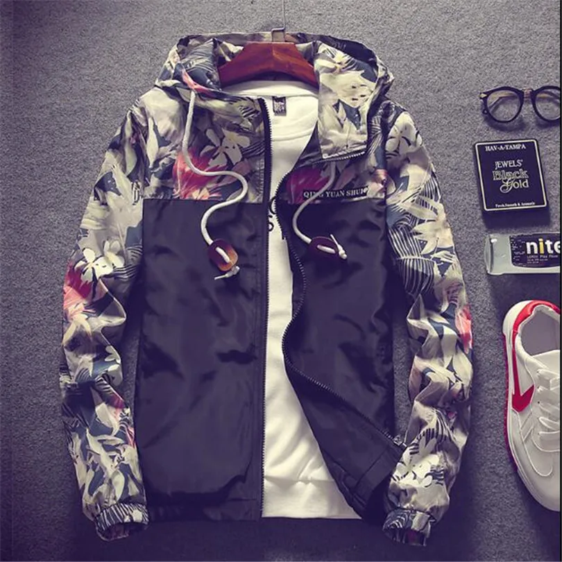 ZHENYUEQI Flower Jacket 2018 Fall Men's Hooded Jacket Slim Long Sleeve Men's Fashion Trench Jacket Brand Clothing
