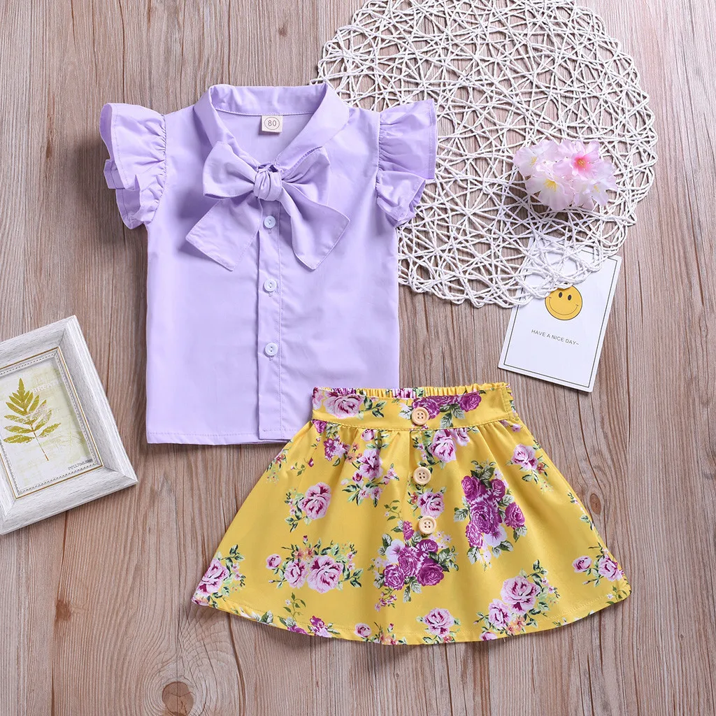 

Kids Baby Girls Solid Ruffled Tops Floral Skirts 2pcs Outfit Clothes Summer Floral Print Short Skirt Petal Sleeve Buckle