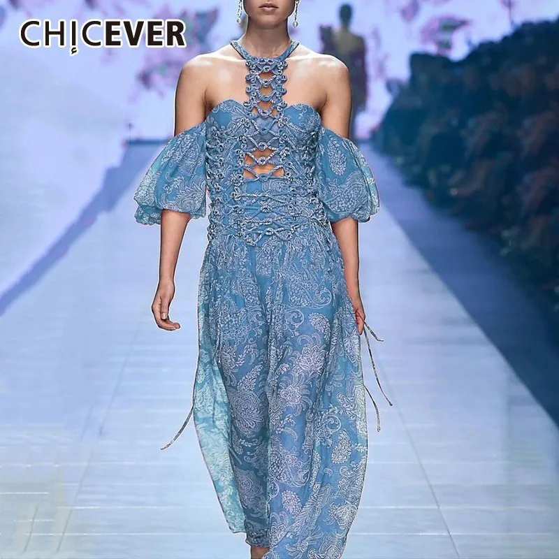 

CHICEVER Vintage Print Off Shoulder Dress For Women Halter Half Sleeve Hollow Out A Line Dresses Female Fashion 2019 New Summer